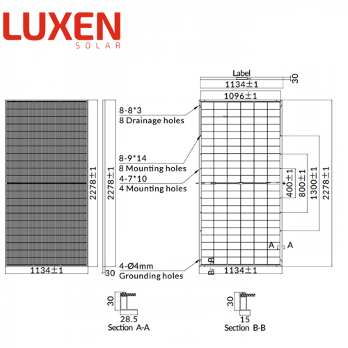 Схема расположения отверстий крепления солнечной батареи Luxen Solar